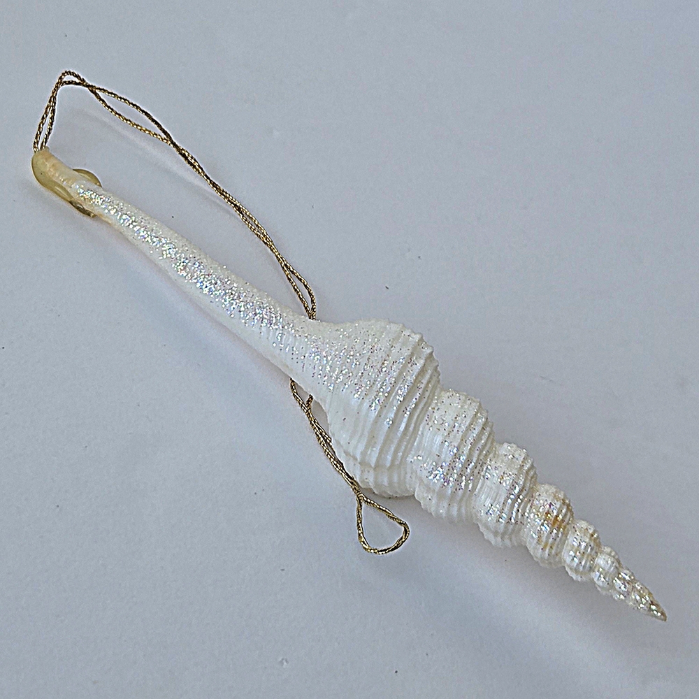 VTG 90s Shimmering Spindle Seashell Ornament White Iridescent Glitter Coastal
